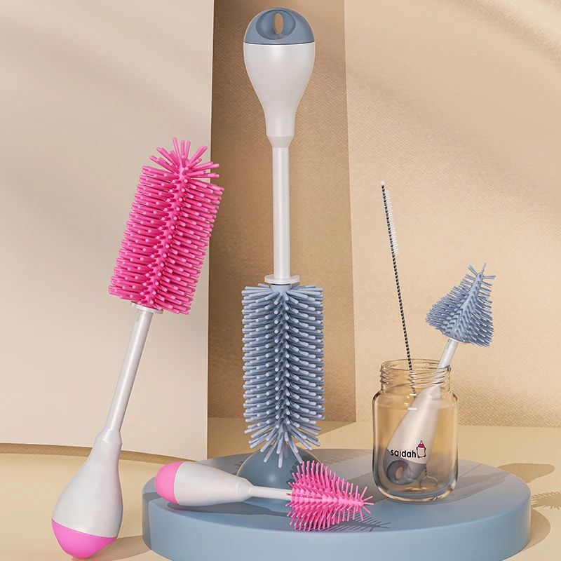 Cleaning Brush Set 360 Degree Rotation 3 in 1 Silicone Baby Bottle Pacifier Brush Wash Water Cup Container Straw