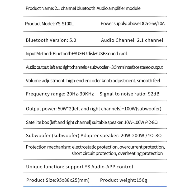 YS-S100L 2.1 Channel Amplifier Module Bluetooth Audio Amplifier Board Audio Module Black 50X2+100W