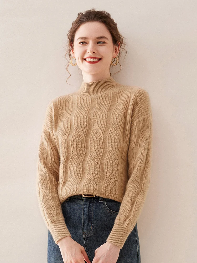 

Aliselect Thick Autumn Winter 100% Cashmere Sweater Women Pullover Figure Mock Neck Sweater Warm Knitted Twisted Tops Clothing