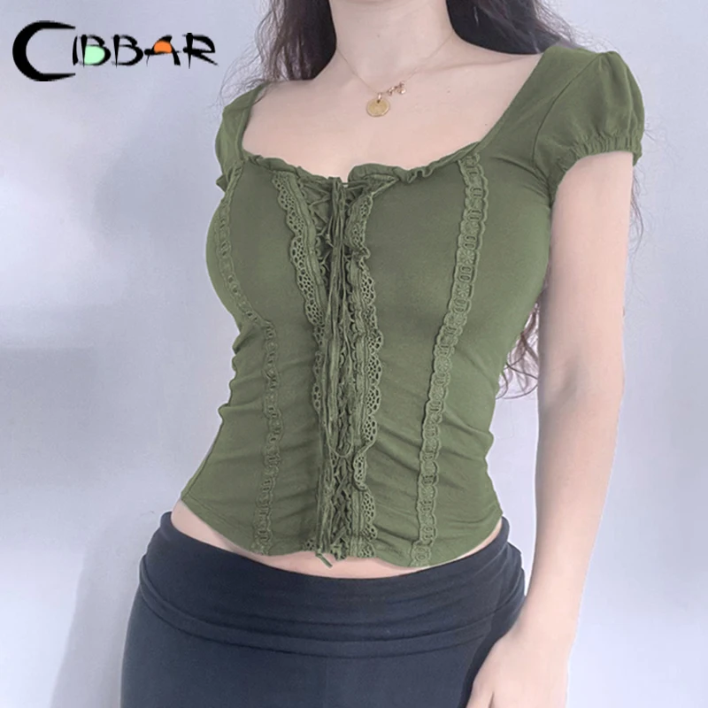 2026 Summer Women Casual Short Sleeve Square Collar Crop Top Solid Color Slim Tie Chiffon Blouse Blue Green Black Woman Clothes