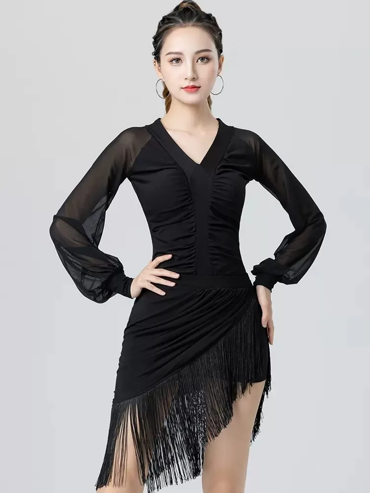 

Women Latin Dance Dress Top Spring And Autumn Sexy Gauze Modern Dance National Standard Dance One-piece Dance Dress