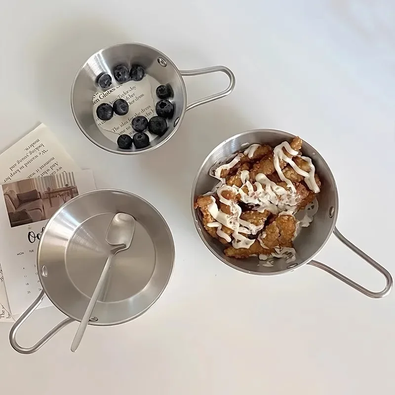 12CM Food Sauce Bowls Ice Cream Dessert Tableware Kitchen 304 Stainless Steel Bowl Korean Round Rice Wine Bowl with Handle lijia