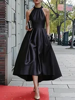Women's Halter Neck High Waisted Pleated A-line Dress 2026 Sleeveless High-Low Elegant Evening Party Wedding Guest Midi Dresses