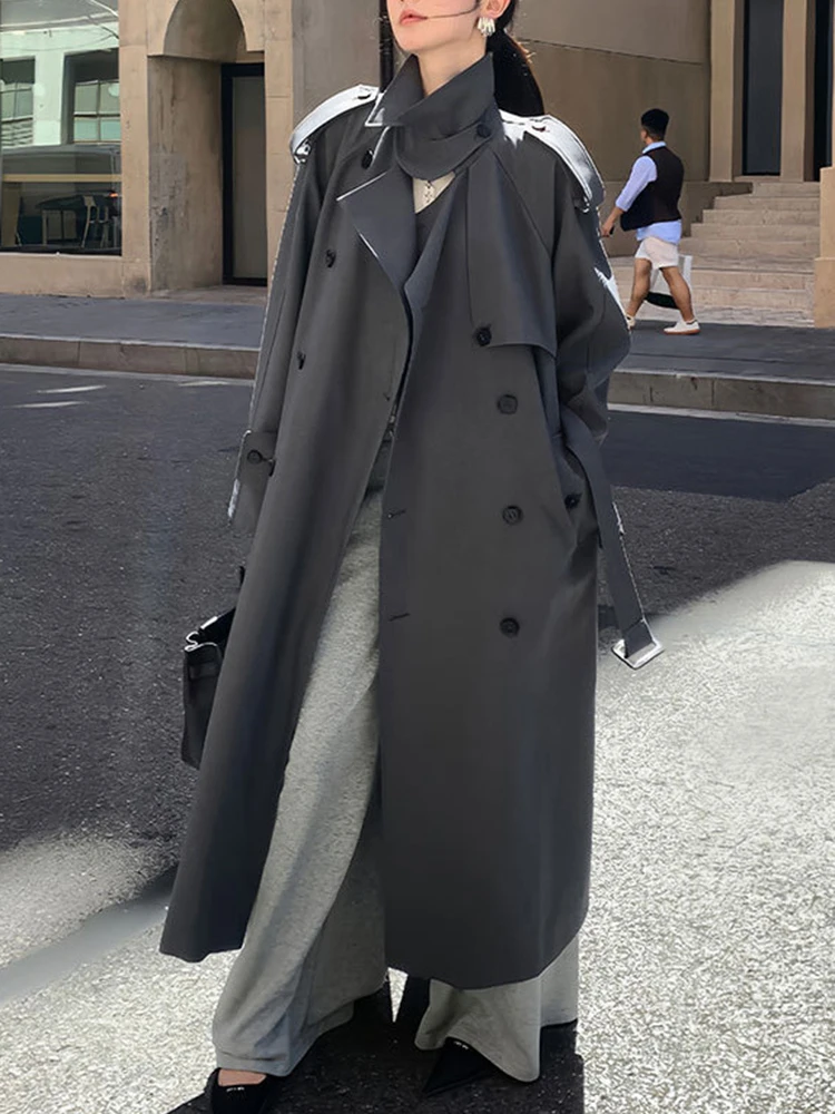 YERMORA Fashion Designer Long Trench Coat Women Lapel Double Breasted Belt Gathered Waist Windbreaker 2024 Autumn Winter New