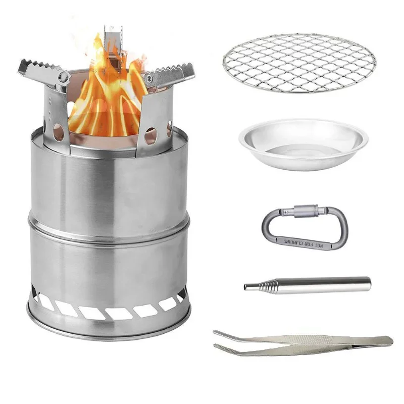 

Portable Outdoor Camping Stove Wood Burning Mini Lightweight Stainless Steel Stove Picnic BBQ Cooker Travel Adventure Tools