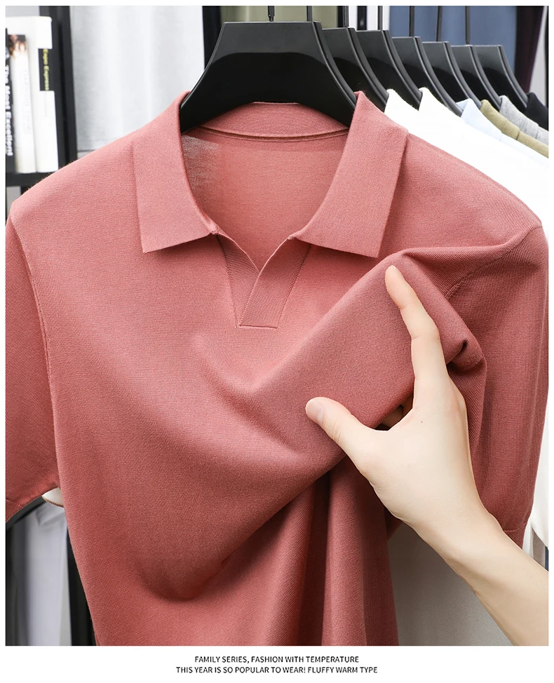 100% Lyocell Knitwear 2025 Men Spring Summer Trendy Turn Down Collar Knit Tees Short Sleeve Breathable Knit Tops