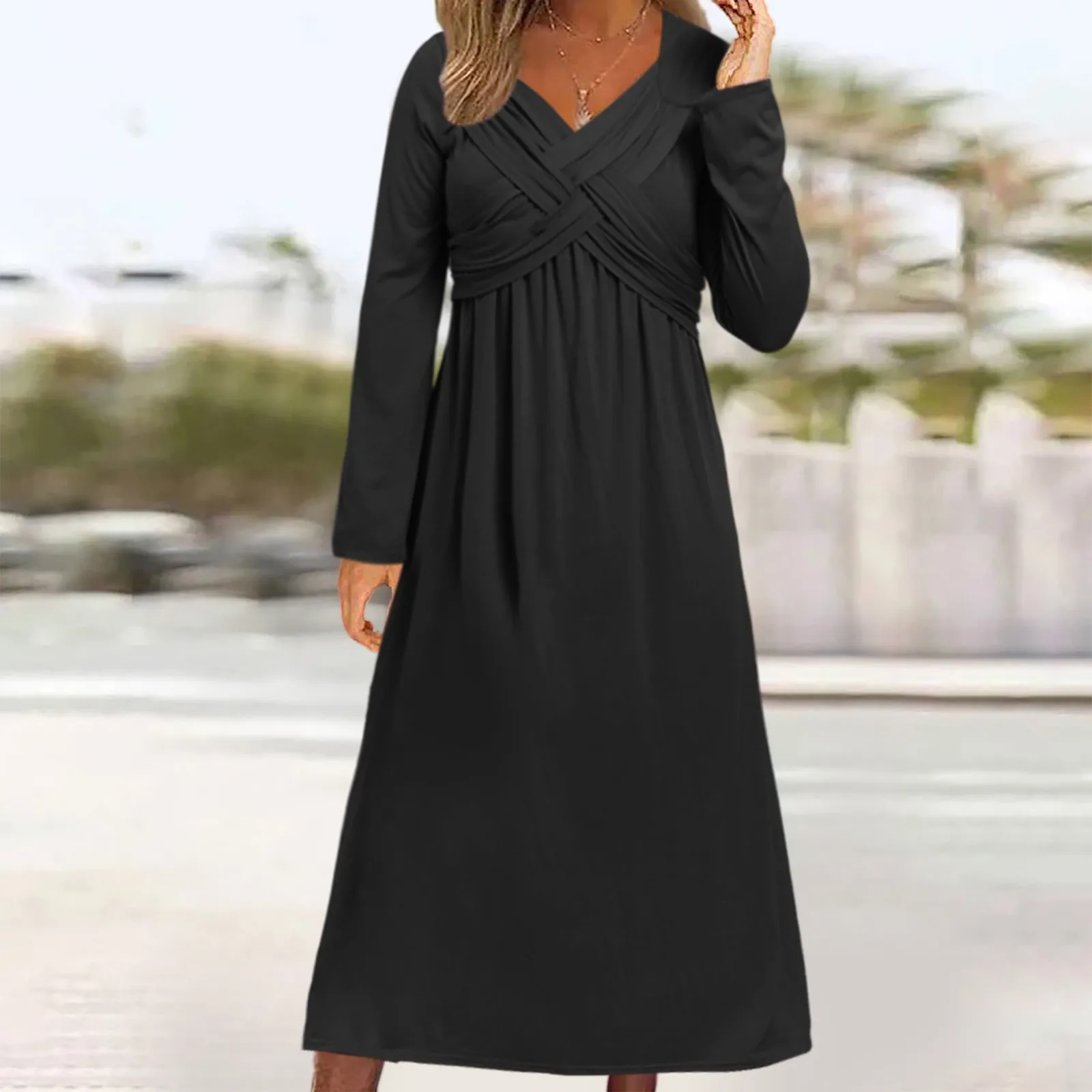 thumbnail image 1 of Vestidos casuales de color sólido de manga larga para otoño e invierno para mujer, elegantes, con conexión cruzada, holgados, de corte A, largos, 1 of 4