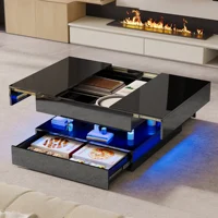Table basse carrée Rosahqnda 78x78cm, avec lumières LED et tiroir de rangement, tables d'appoint pour salon, petites tables, noir/blanc 2