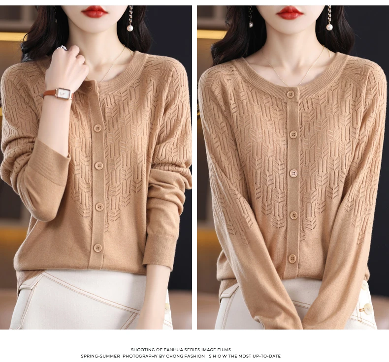 Spring Autumn Women Wool Blend Sweater O-neck Hollow Out Cardigan New Fashion Casual Knitted Slim Soft Jacket Bottoming Tops