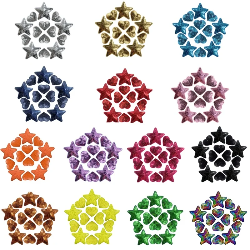 14 Stück/Set Pailletten-Stern-Aufnäher zum Aufbügeln, Herz-Stickerei-Patches, DIY-Applikationen in Leuchtenden, Lebendigen Farben für Kleidung