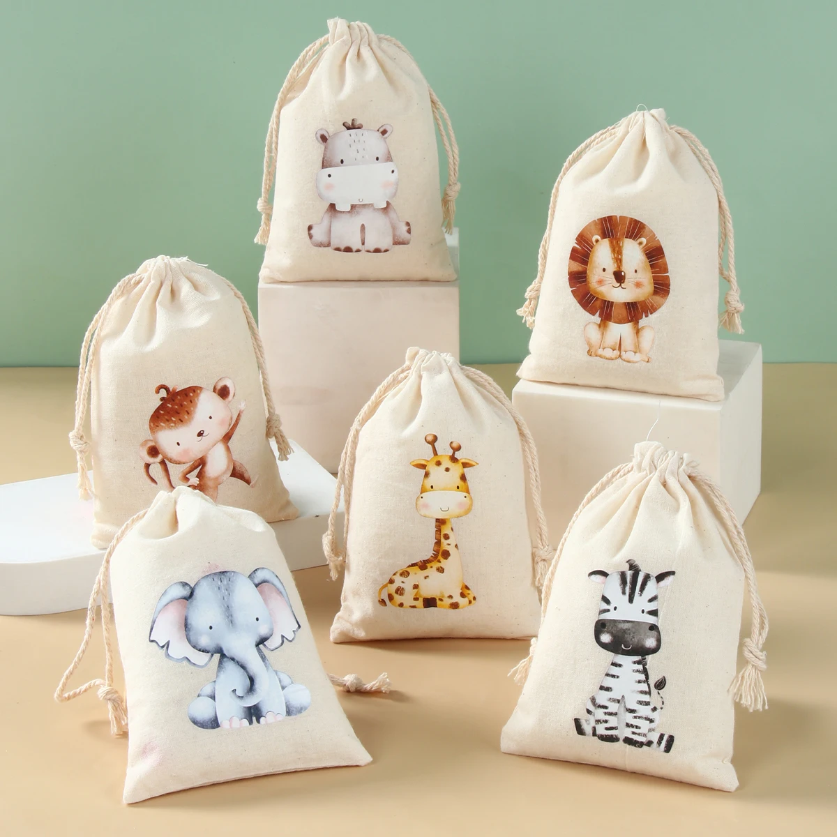 6 stücke Tier Einhorn Dinosaurier Baumwolle Geschenk Taschen Geburtstag Party Decor Kinder Hochzeit Party Favor Baby Dusche Baumwolle Leinen Geschenk Tasche