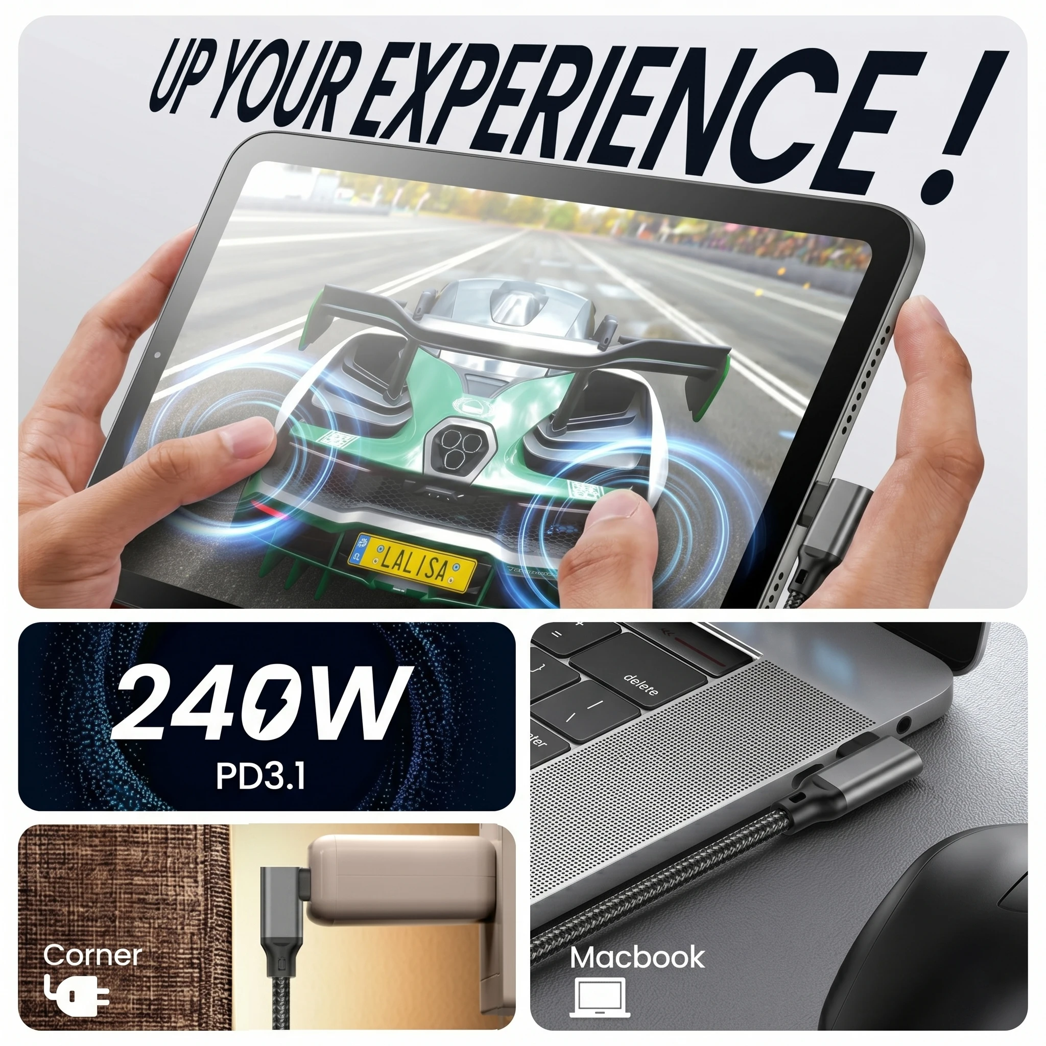 Ultra-Fast 20Gbps USB-C Cable with Right Angle Design for High-Resolution Displays and 240W Power Delivery