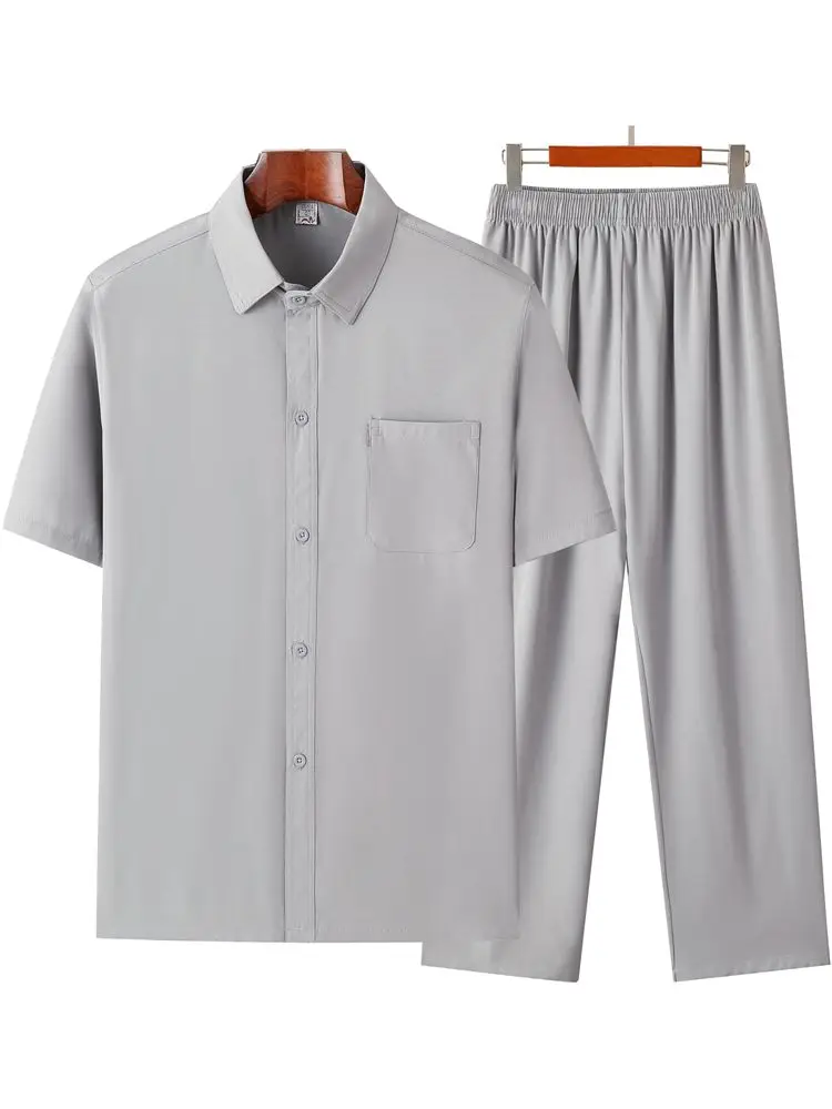 여름 아웃핏 반팔 셔츠와 긴 바지 투피스 세트 (아빠와 중년 남성용) 폴리에스터..