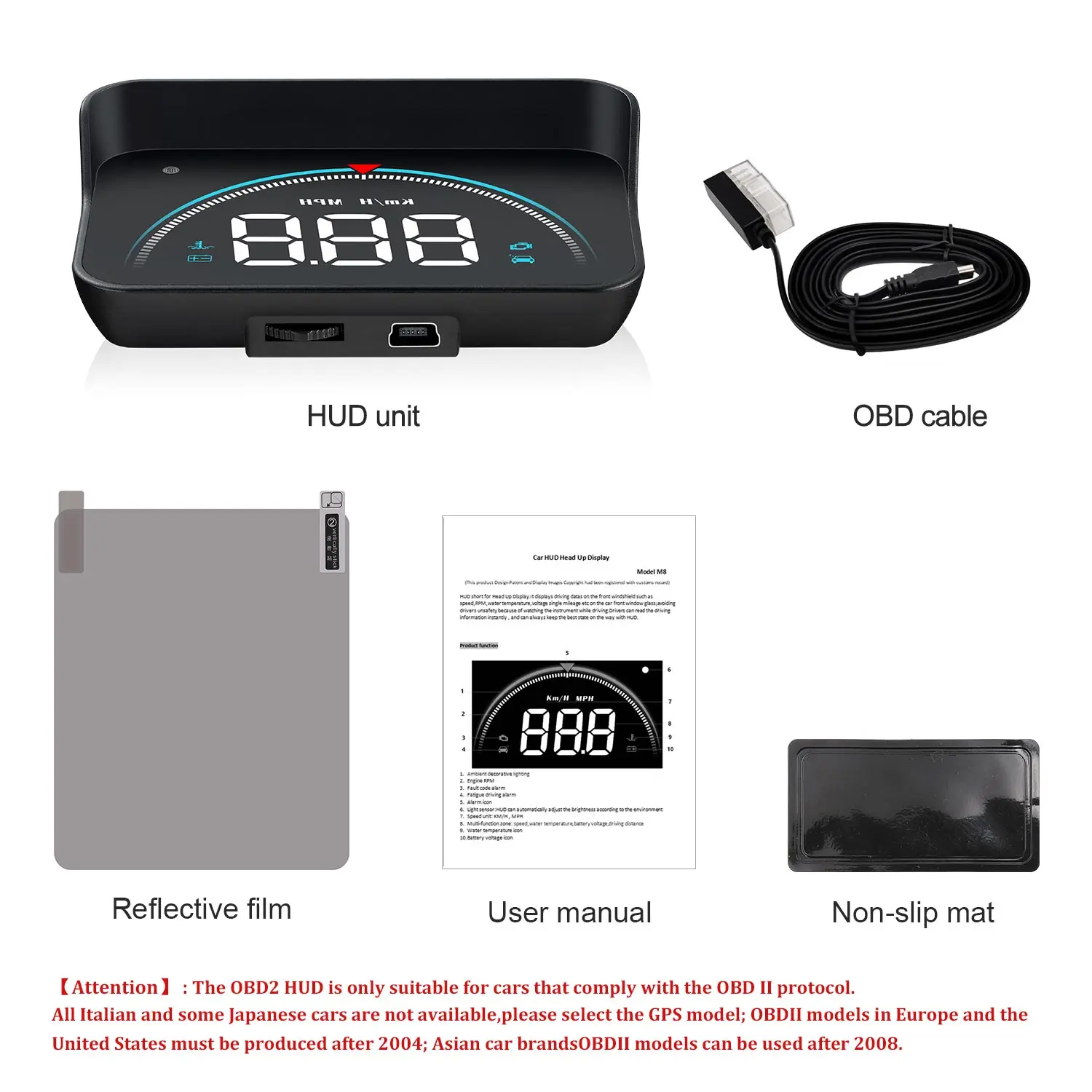 Car Portable Speed Monitor, M3 Head Up Display Car Universal HUD with OBD Cable, Speedometer Engine RPM Water Temperature Overspeed Warning Mileage Measurement All in One