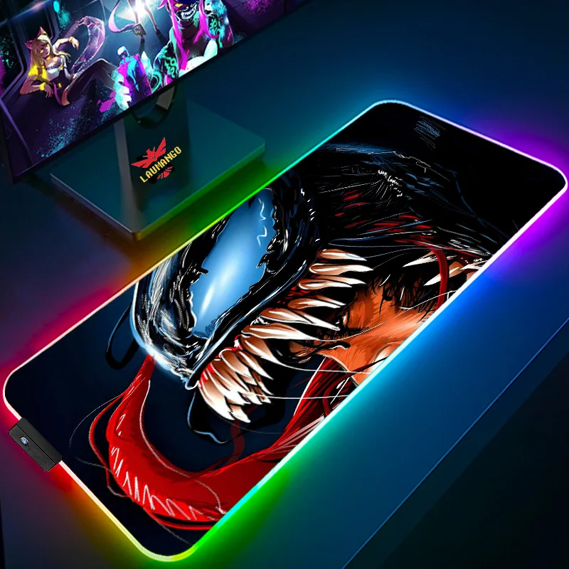 Gaming RGB Mouse Pad Backlit Rubber Keyboard Accessories Mats Venom Villain Large Extended Kawaii Mousepad Gamer Cabinet Carpet