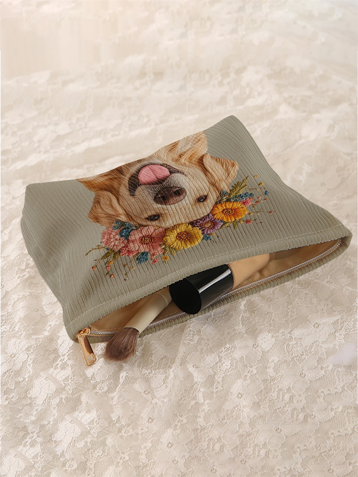 1 cartoon dog pattern printed corduroy makeup bag, lightweight zipper makeup storage box, multifunctional bag with lining