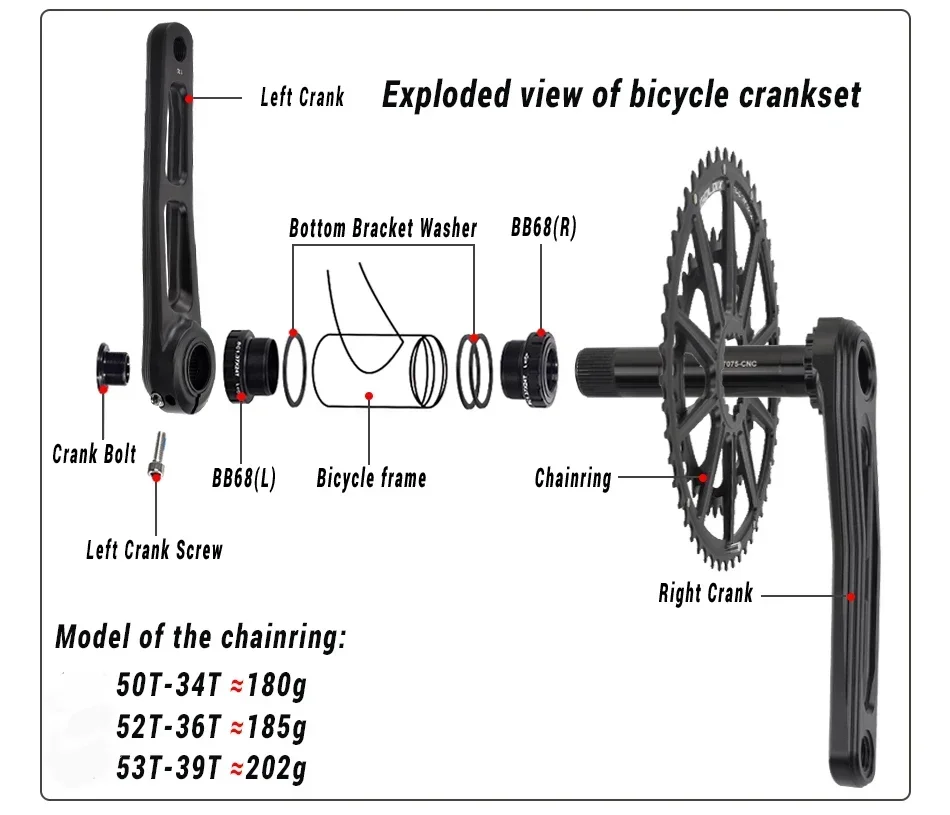 Goldix ultraleichte Rennrad kurbel garnitur 165/170/175mm Kurbel Aluminium legierung Hohl fahrrad Kurbel garnitur Doppel kettenblatt 50-34t/53-39t – Detail 2