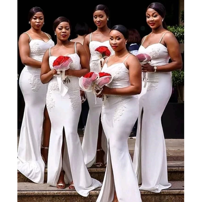 

White Mermaid Bridesmaid Dresses 2023 Spaghetti Straps Corset Slit Long Wedding Party Dress African Prom Formal Gown vestidos