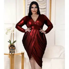 

Plus Size Dress Spring New Fashion Solid Color Stretch Ice Silk Bronzing Fabric Pleated Cross Sexy Nightclub Party Dresses 2022