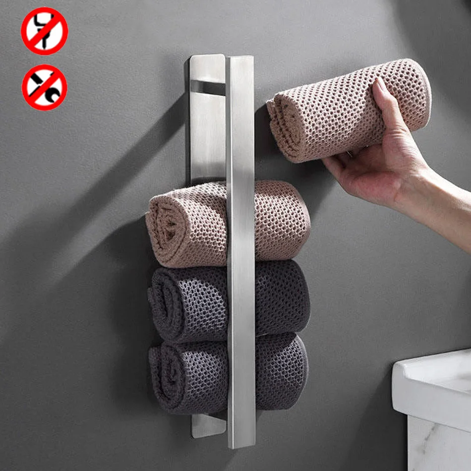 304 Stainless Steel Towel Bar Adhesive Free Punching Wall Mounted Brushed Kitchen Bathroom Towel Rack Shelf Bar Bathtowel Hanger towel rack towel holder
