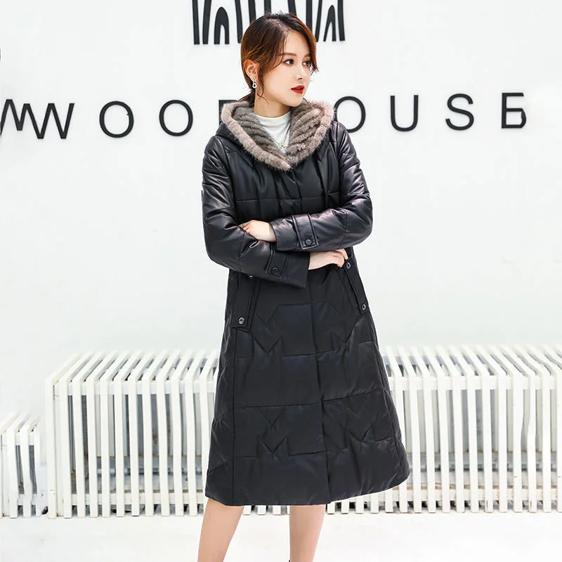 

Puffer Real Leather Jacket Women's Jacket Sheepskin Winter Coat Mink Collar Black Long Jacket Female Windbreaker Косуха