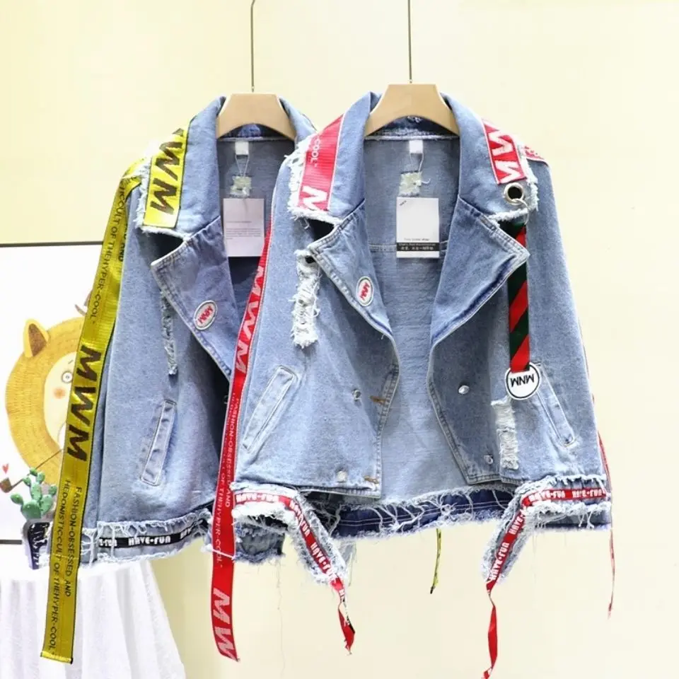 

Fashion Denim Coat Ribbon Loose Jeans For Men Women Autumn New Hole Hip-hop Couple Coat Denim Jacket