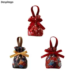 Korean Canvas Festive Floral Drawstring Canvas Sugar Bag Flower Bow Pearl Wedding Handbag Large Capacity Jewerly Packing Bag