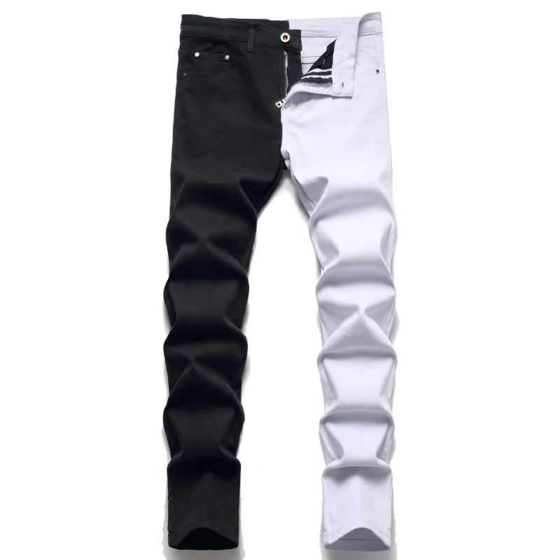 Men Paisley Bandanna Print Patch Jeans Streetwear Cracked Pleated Stretch Denim Biker Pants Ripped Patchwork Black Trousers