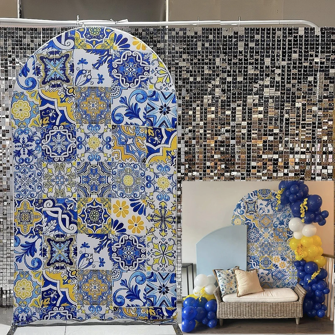 

Patchwork Tile Arched Backdrop Covers for Porcelain Parties Arch Stand Cover for Birthday Baby Shower Party Decoration GX-1179