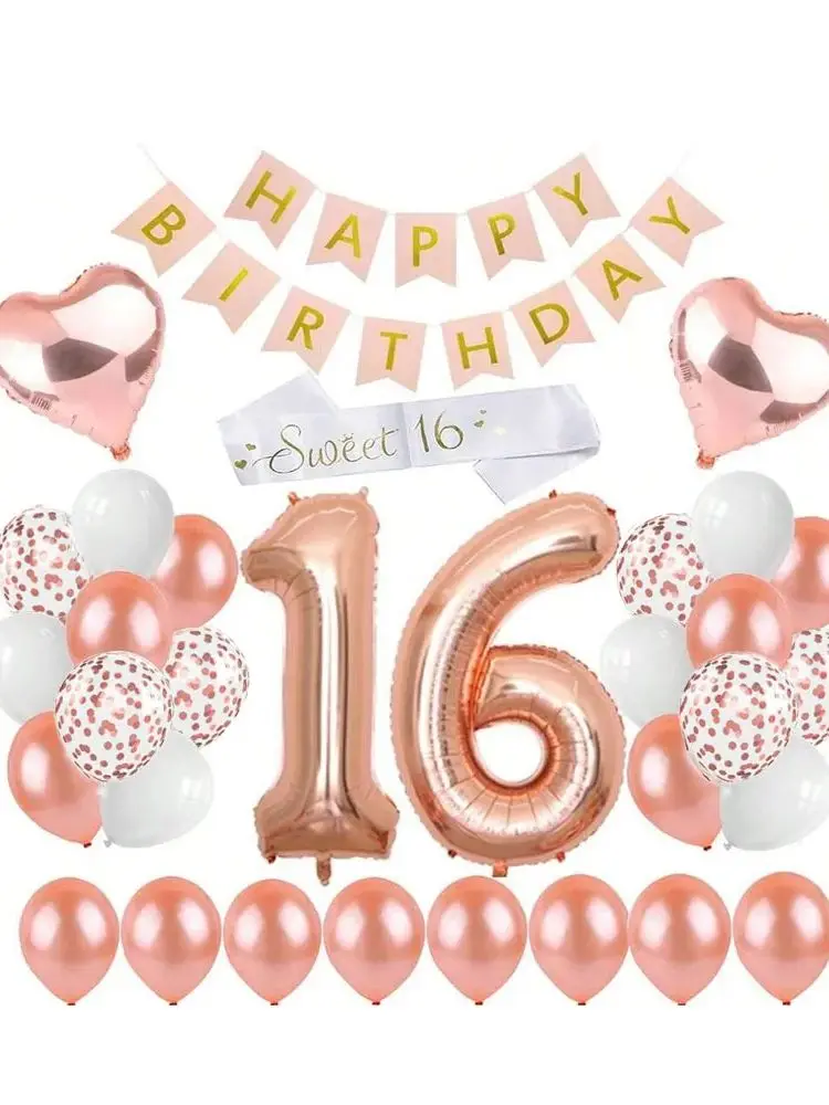 32-teiliges Roségold Happy Birthday Party Dekorationsset Sweet 16 Geburtstagsfeier mit Schärpe und Latexballons – Detail 2