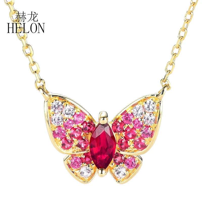 

HELON Solid 18k Gold Ruby Butterfly Necklace Real Pink Sapphire Gemstone AU750 Yellow Gold Butterfly Pendant Necklace