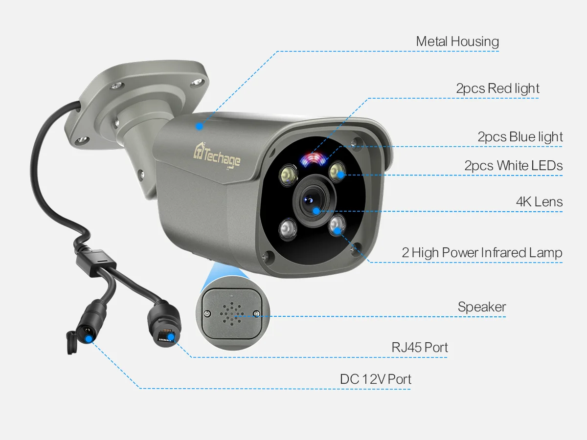 Techage H.265 Ultra HD 4K POE Camera Outdoor 8MP IP Camera Face Detect Color Night Vision Two-way Audio for Surveillance System