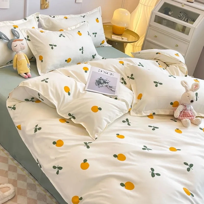 

Ins Style Duvet Cover Set with Flat Sheet Pillowcases Cute Orange Cherry Printed Twin Full Queen Size Girls Adults Bedding Set