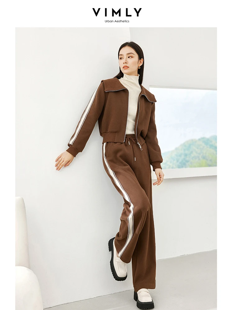 

Vimly Tracksuit Women Two Piece Set Full-zip Cropped Jackets Sweat Pants 2024 Spring Coffee Cotton Blend Matching Sets M5015