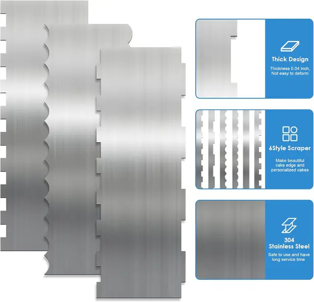 Set Di 3 Raschietti Per Torte In Acciaio Inox - Professionali Per Decorazione E Livellatura
