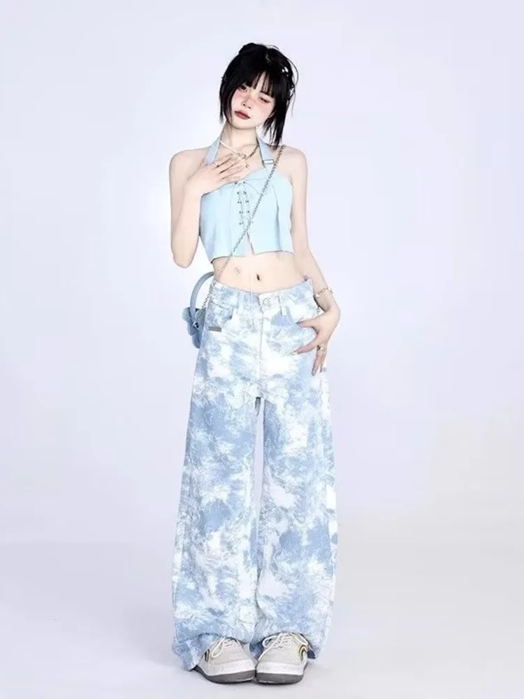 Trendy Blue Tie Dyed Jeans Women's Spring Loose Straight American High Street INS Retro Casual Pants Women's Jeans