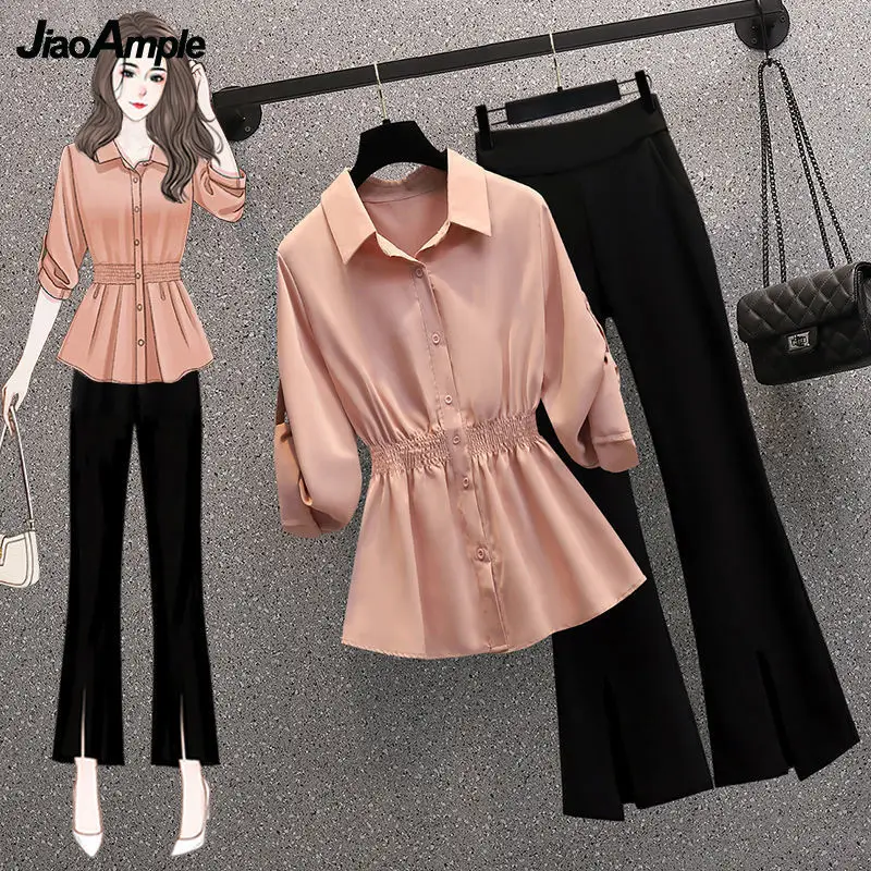 Women's Summer Waist Shirt Trousers Two-piece 2024 New Loose Blouse Micro-Pants Suit Korean Elegant Casual Set Female Clothing