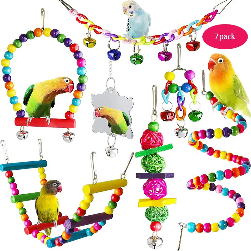 Title 1, 7PCS Bird Toy Wood Parrot Toys Set Cage Bird Ac...