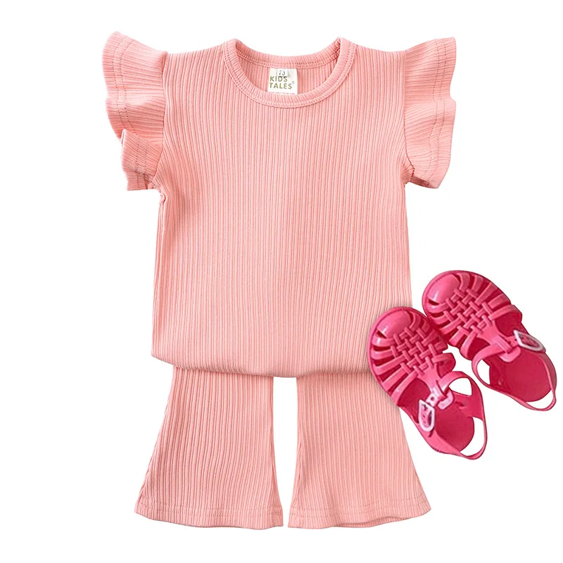 

New Summer Baby Girls Clothing Set Solid Color Cotton T-shirt+Flared Pants 2Pcs Sportswear Suit For 9M-4Y Kids Casual Outfits