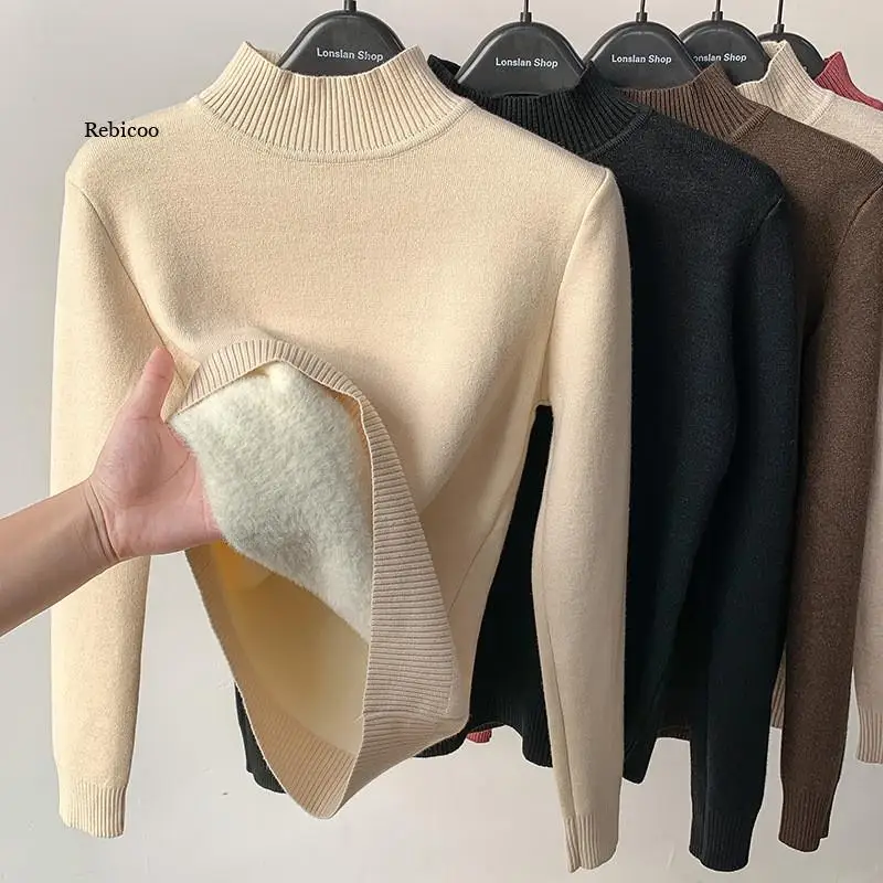 

Korean Half Turtleneck Knitted Pullovers Fashion Clothes Woman 2021 Winter Sweater Casual Fleece Lined Warm Knitwear Base Shirt