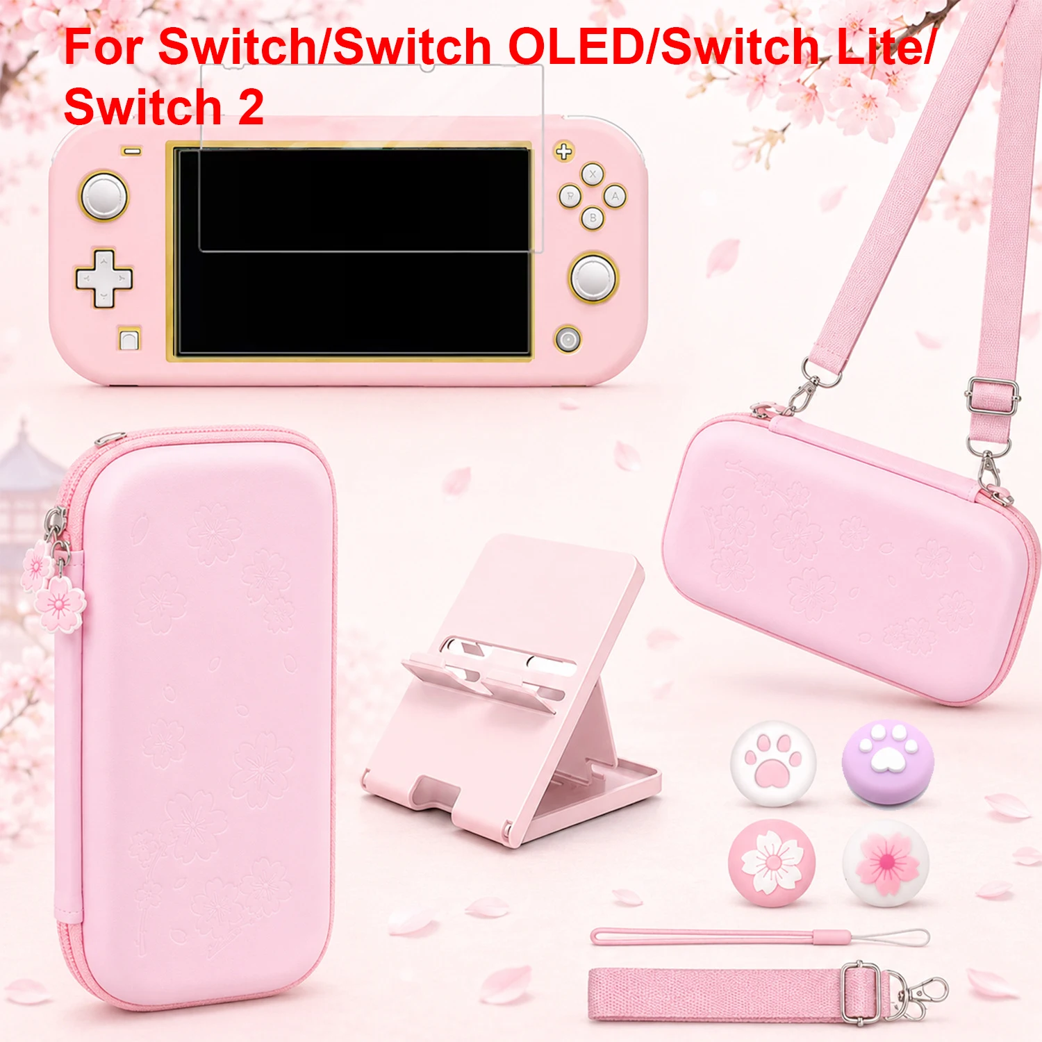 Sakura Pink 8-in-1 Console Accessories Kit with Carry Pouch and Screen Protector