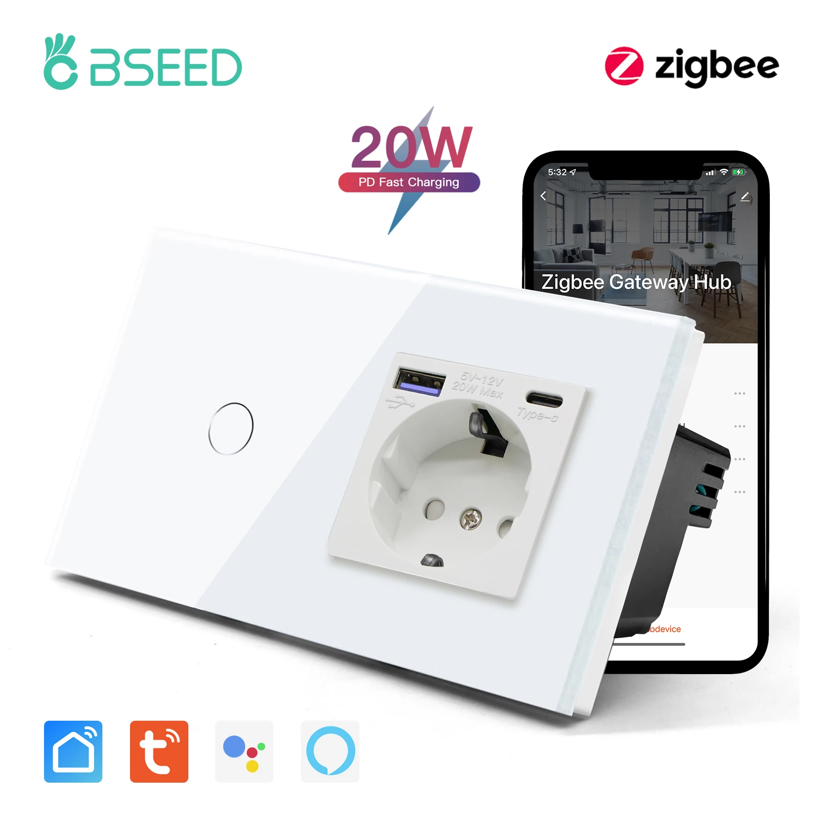 

Bseed Zigbee Wall Touch Switches 1/2/3Gang Touch Light Switch USB Type-C Fast Charge Port Wall Socket Tuya Smart Life Control
