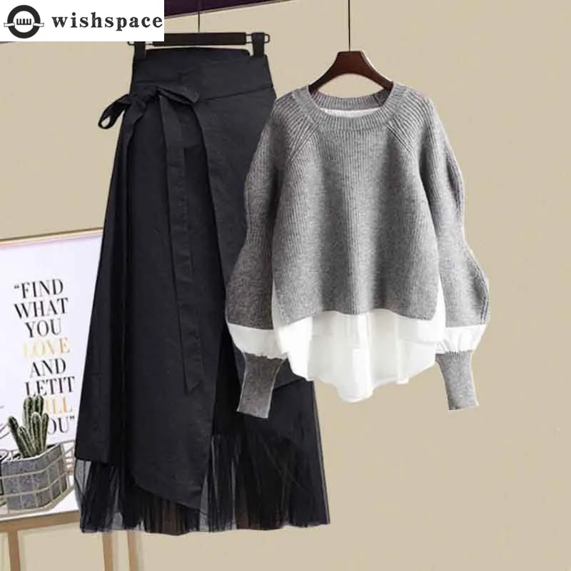 Autumn and Winter Suit Women 2022 New Korean Version Age Reducing Round Neck Shirt Shirt Top Shows Thin Skirt Two-piece Set round neck pure cashmere sweater for men s half high collar pullover korean version youth solid color base knitted sweater