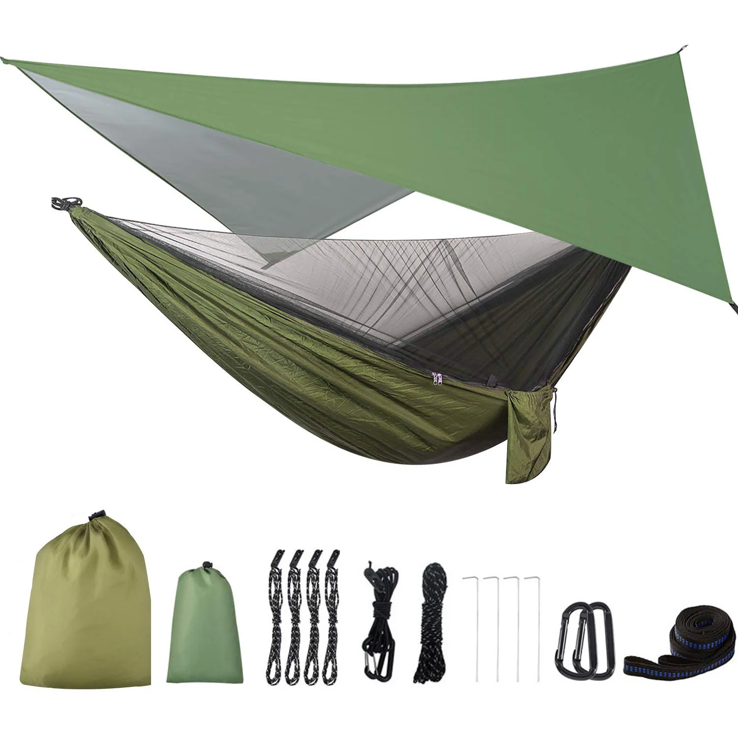 Camping Hammock with Rain Fly Tarp and Mosquito Net Tent Tree Straps Portable Single Double Nylon Parachute Hammock for Travel