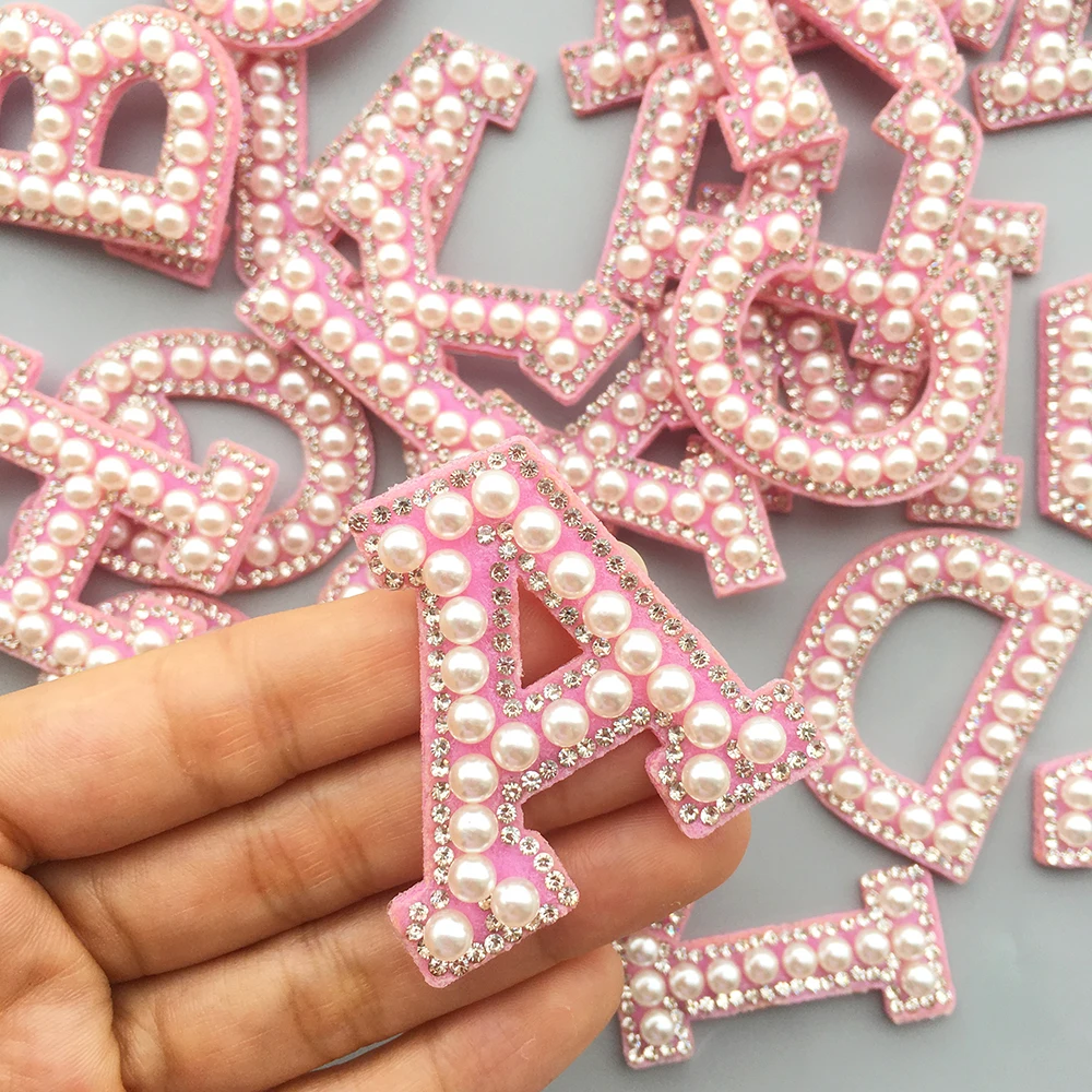 Pink Yellow Letter Patches Gradient Pearl Beads Rhinestone Iron On Patch  For Clothes English Alphabet Applique Badges 1pcs - Patches - AliExpress