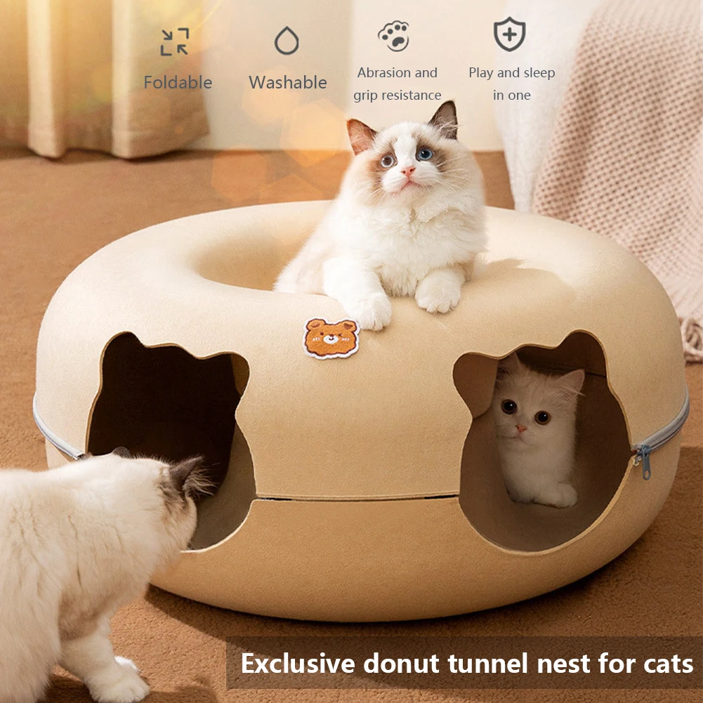 Donut Pet Cat Tunnel Interactive Play Toy Cat bed Dual Use Natural Felt