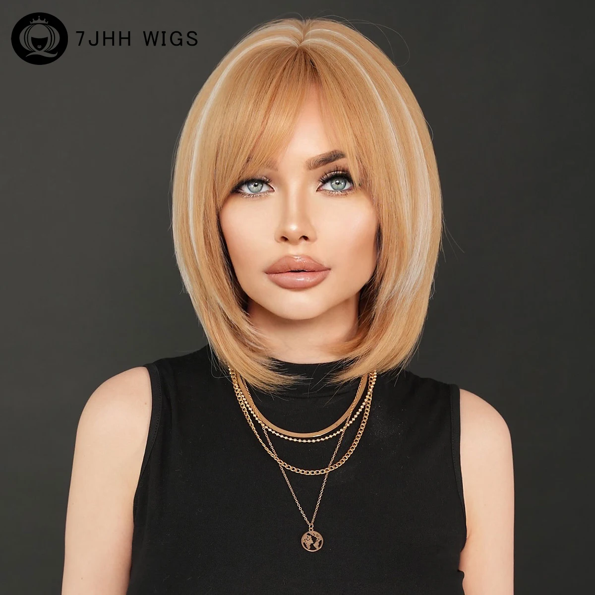 7JHH WIGS Shoulder Length Blonde Bob Wigs with Neat Bangs High Density Synthetic Highlight Beige Hair Wig for Women Daily Use