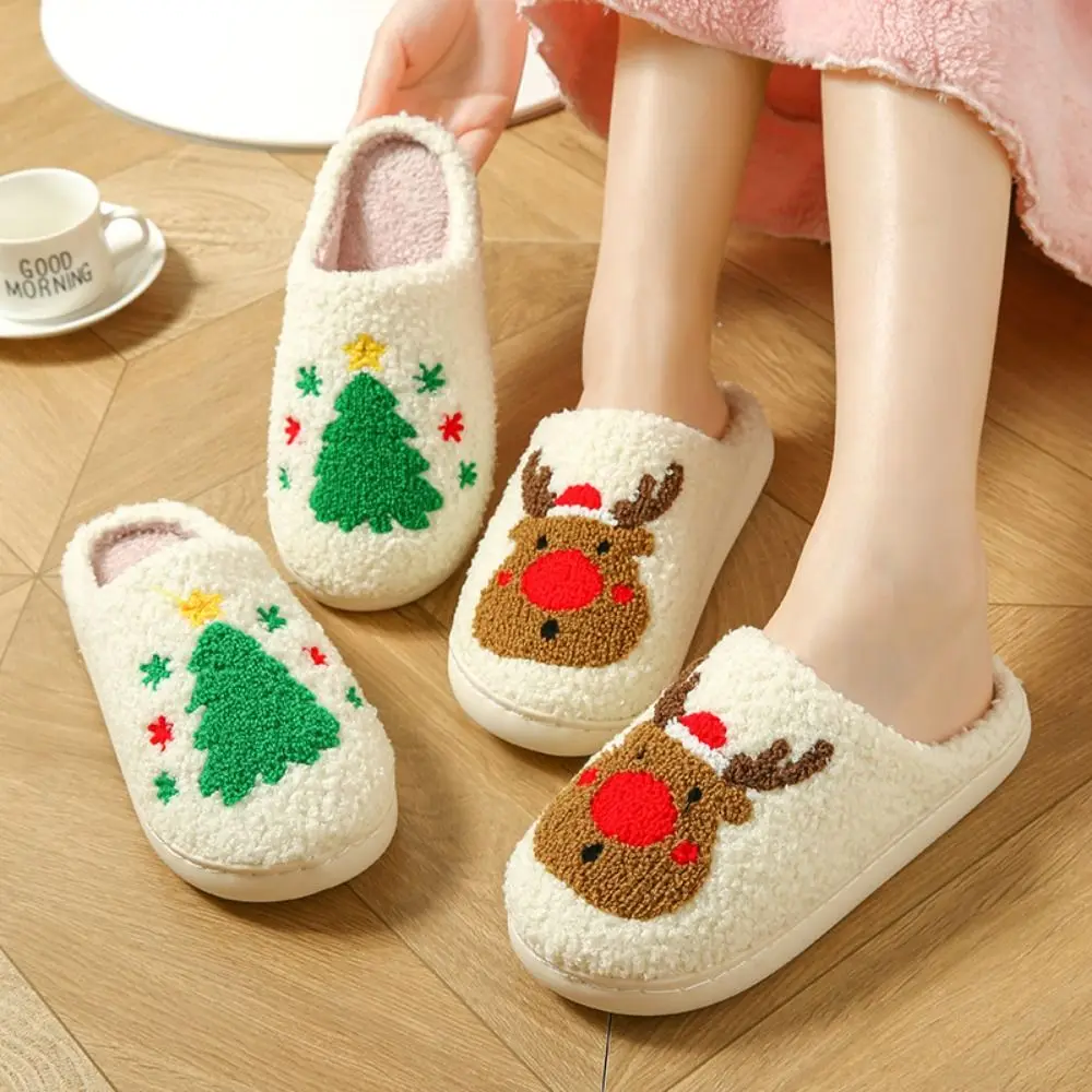 Casual Cute Christmas Slippers Lovely Soft Home Slippers Warm Non-Slip Warm Plush Slides Women