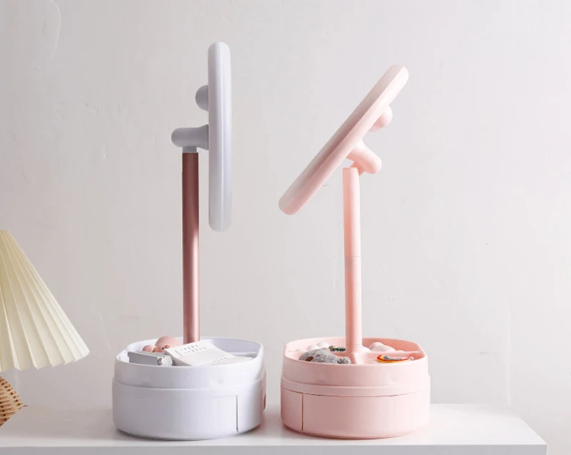 Desk Led Lighted Touch Screen Portable Mini Makeup Mirror Multi-Function Storage Makeup Box Cosmetics Rack Mirror