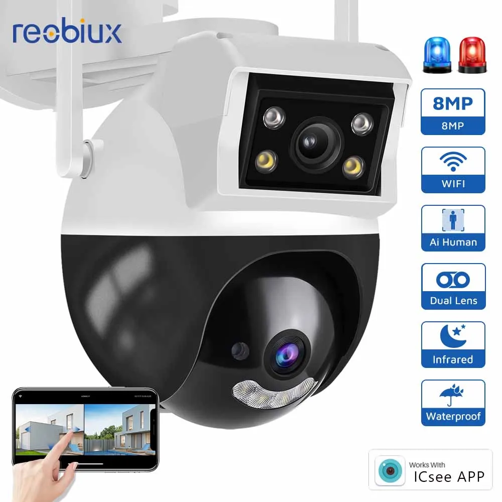 Reobiux Wifi PTZ Camera 8MP Dual Screen 3.6mm+6mm IP Cam Outdoor